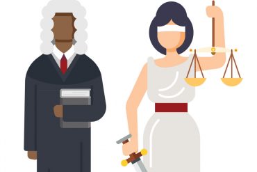 Illustration of a robed judge holding a book standing beside the blindfolded "Lady Justice" holding a set of scales in one hand and a sword in the other.