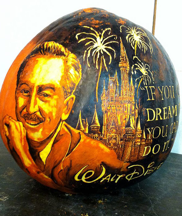 Walt Disney depicted on a pumpkin