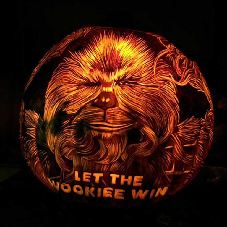 Star Wars Wookiee depicted on a pumpkin 