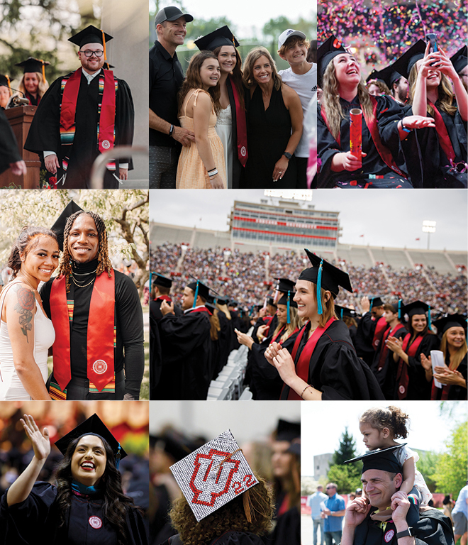A collage of photos from 2022 Commencement at various IU campuses. There are grads in black gowns with red stoles, smiling, waving, and celebrating with family members.