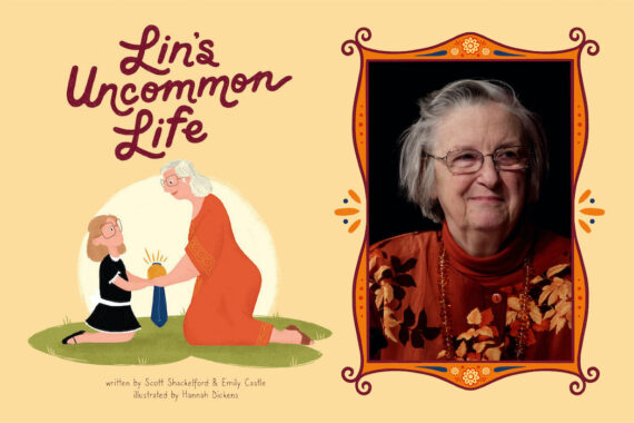 "Lin's Uncommon Life" book cover; headshot of Elinor Ostrom