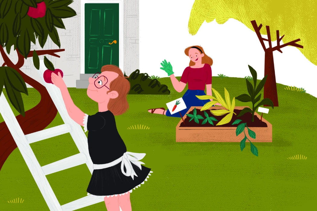 Illustration of Elinor Ostrom as a child in her backyard