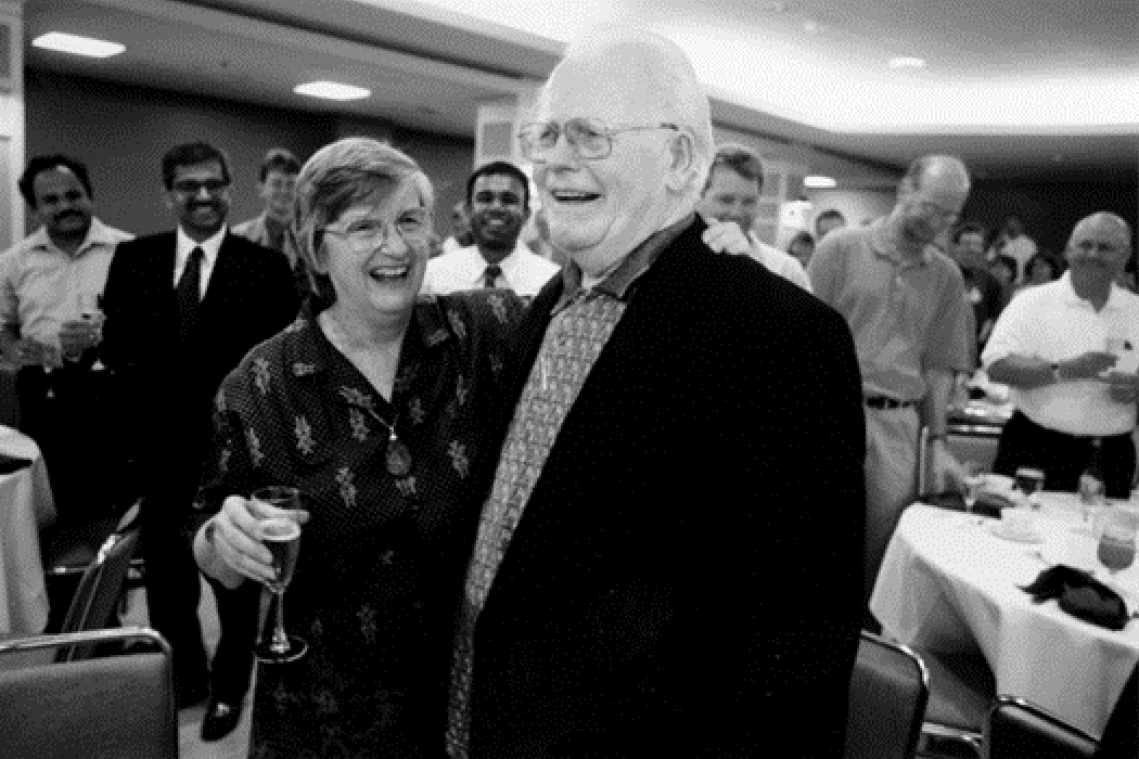 Elinor and Vincent Ostrom at a party