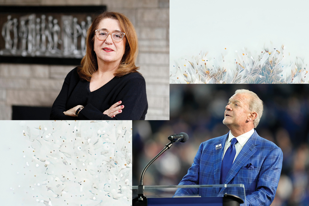 This graphic features two photos, one of Bernice Pescosolido, posing with arms crossed and wearing a black, v-neck blouse, an one of Jim Irsay wearing a blue-and-black plaid suit and blue tie while speaking at a podium. Both photos are set against a blue-grey background featuring geometric patterns.