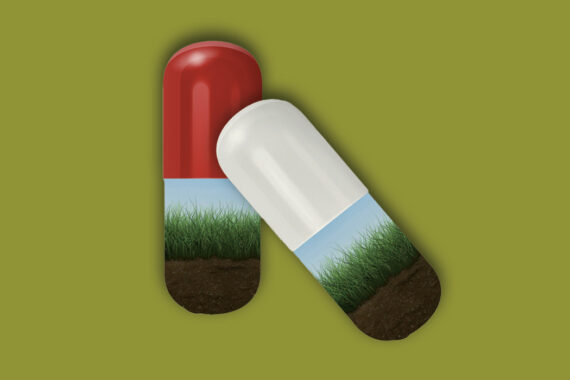 Two large medicine capsules stands center in front of a pistachio-green backdrop. One capsule has a red top with an artistic portrait of grass and soil with a blue sky as the bottom cap. The second capsule has the same bottom imagery with a white capsule top.