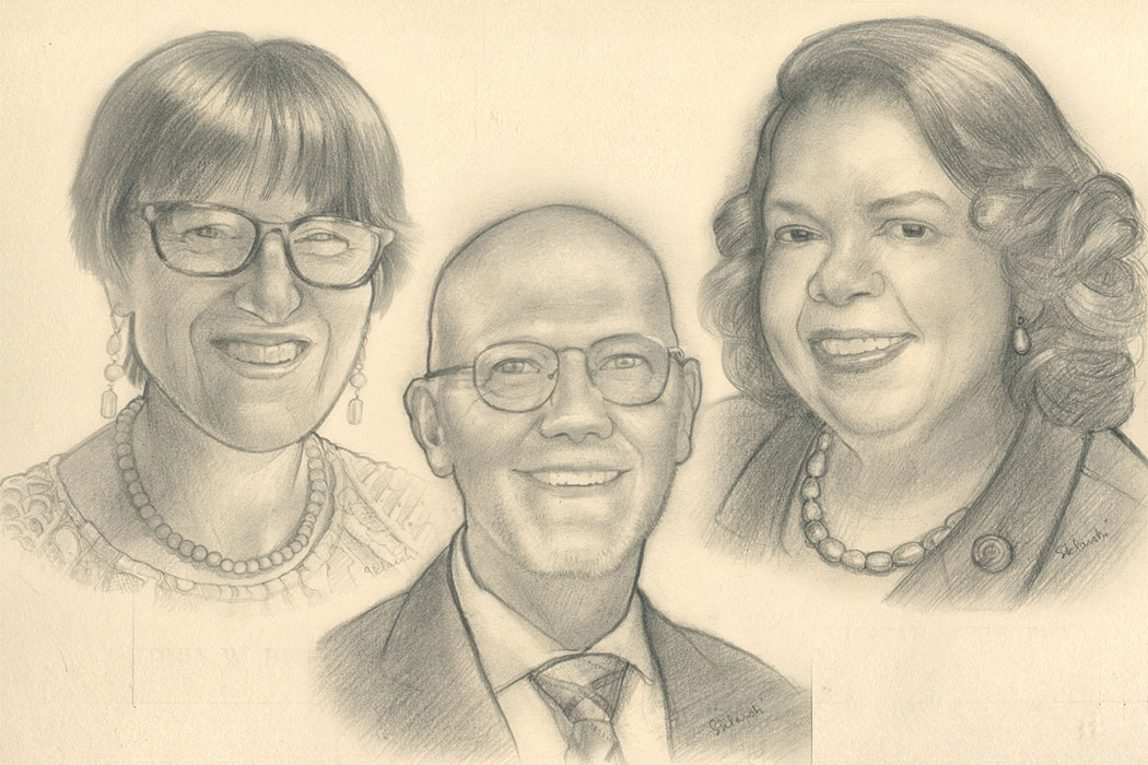 Sketches of Antonia Wilson Bluher, Karen Schuster Webb, and Brian T. Shockney