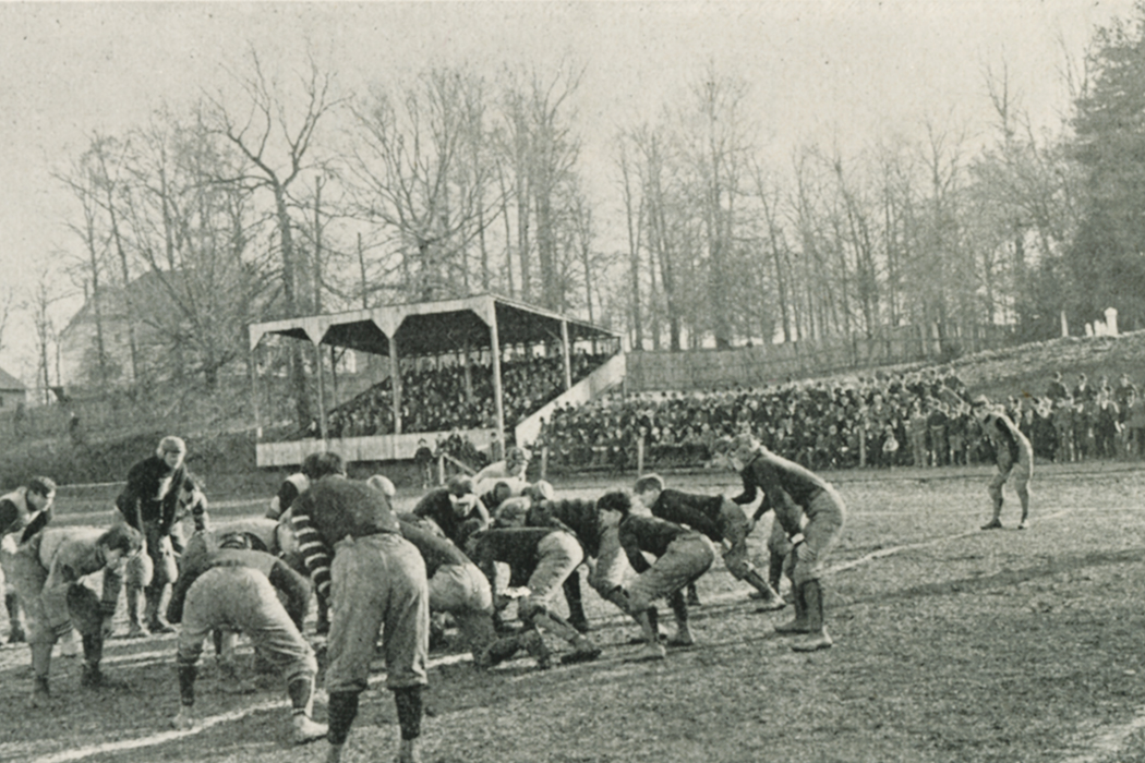 Men playing football on Jordan Field in 1899