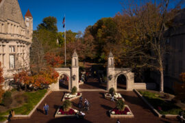 Aerial view of IU Bloomington's Sample Gates on a fall day