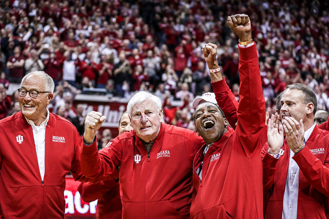 Coach Knight celebrating with former basketball players