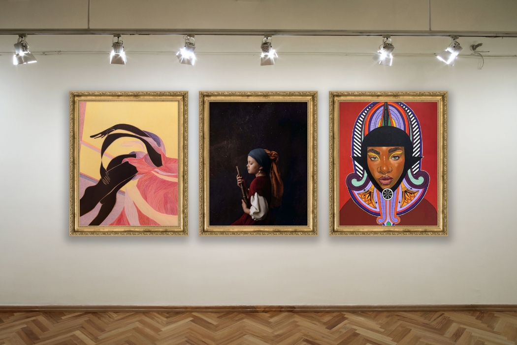 Three images in gold frames hanging on a gallery wall