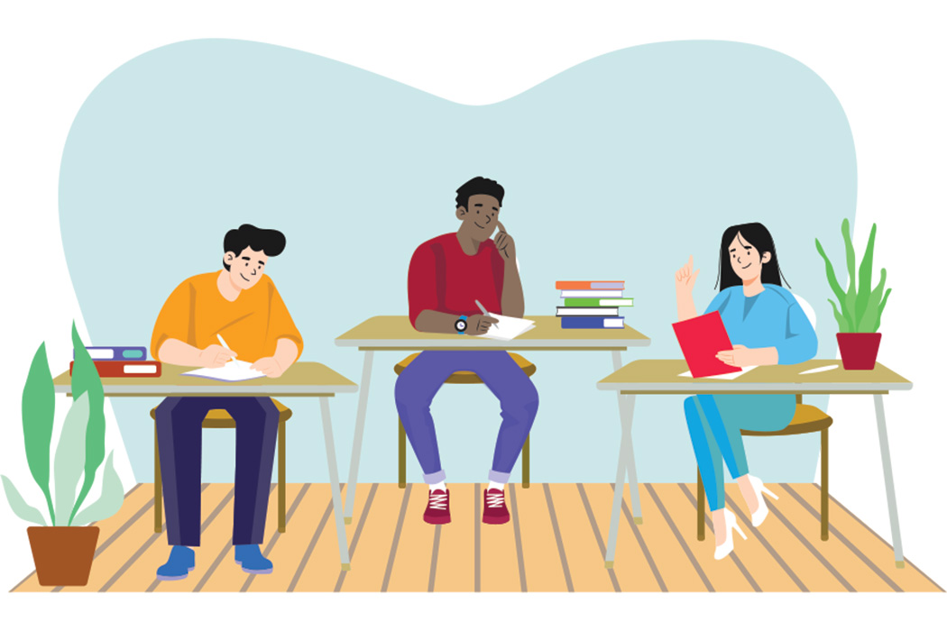 graphic of three students sitting at desks